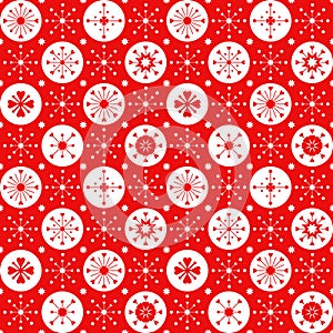 Christmas seamless pattern with white hearts, stars and snowflakes on red background.