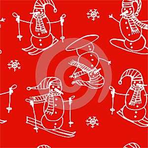 Christmas seamless pattern of white outline snowmen go skiing and snowboarding on a red background