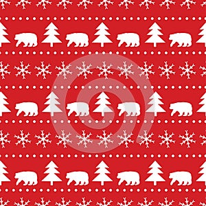 Christmas seamless pattern. White snowflakes, bear and fir-tree on the red background