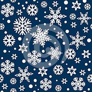 Christmas seamless pattern with white snowflakes falling on dark blue night sky bakground. Vector.