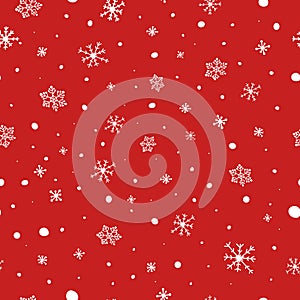 Christmas seamless pattern. White snowflakes on red background. Falling snow vector pattern. Winter Holidays texture