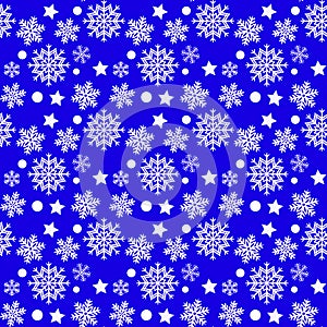 Christmas seamless pattern with white snowflakes and stars on blue background