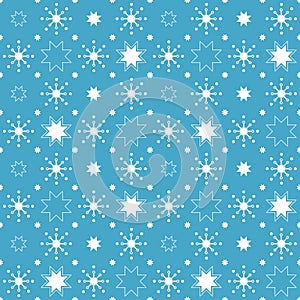 Christmas seamless pattern with white stars and snowflakes on blue background.
