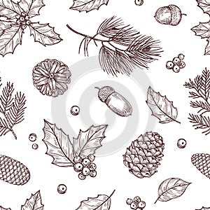 Christmas seamless pattern. Winter fir and pine branches with pine cones. Vintage vector wallpaper in traditional