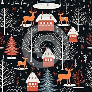 Christmas seamless pattern with winter forest and deer. Trendy retro style