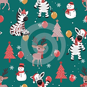 Christmas seamless pattern with zebra background, Winter pattern with deer, wrapping paper, winter greetings, web page background