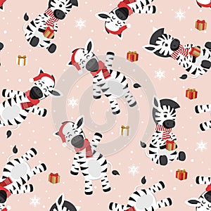 Christmas seamless pattern with zebra background, Winter pattern with happy zebra, wrapping paper, winter greetings, web page