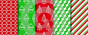 Christmas seamless patterns collection. Festive seamless background with xmas tree, candycane stripes ornament