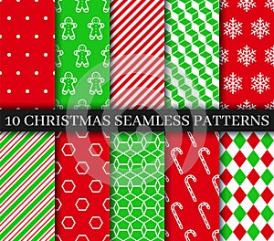 Christmas seamless patterns collection. New year texture. Seamless background with gingerbread, snowflakes, candycane