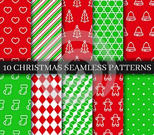Christmas seamless patterns collection Seamless background with gingerbread, bells, socks, candycane, geometric ornament