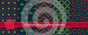 Christmas seamless patterns collection. Vector set of winter holiday backgrounds