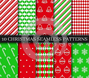 Christmas seamless patterns collection. Xmas New year texture. Bells, snowflakes, candycane ornament. Holiday wrapping