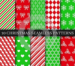 Christmas seamless patterns collection. Xmas New year texture. Holly, snowflakes, candycane and geometric ornament