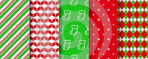 Christmas seamless patterns collection. Xmas wrapping paper swatches with xmas, candycane stripes, polka dot ornament