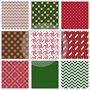 Christmas seamless patterns in red, green and white colors. Set of holiday textures.