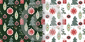 Christmas seamless patterns set with Christmas trees, decorations ad gift