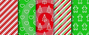 Christmas seamless patterns set. Festive seamless background with xmas, candycane and geometric fabric ornament