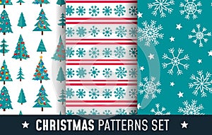 Christmas seamless patterns set with snowflakes, trees and decor