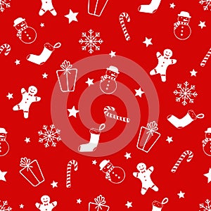 Christmas seamless red and white pattern with gift, candy, star, snowflake, snowman, gingerman holiday icons,New Year