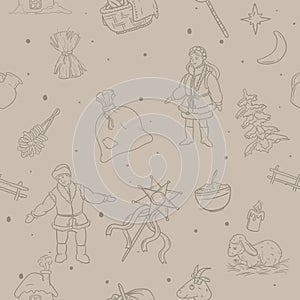 Christmas seamless vector pattern for gift paper with ukrainian christmas traditions and elements