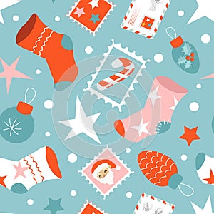 Christmas seamless vector pattern in retro style with christmas socks, stars, stamps, festive envelops