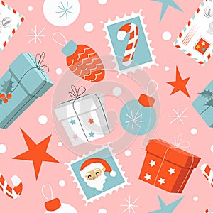 Christmas seamless vector pattern in retro style with gift boxes, candy canes,  stars, stamps, festive envelops