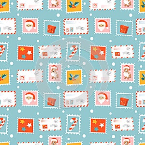 Christmas seamless vector pattern in retro style with stamps, festive envelops.