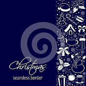 Christmas seamless vertical border. Silhouettes of winter elements and symbols on a dark blue background. Sketch hand drawing styl