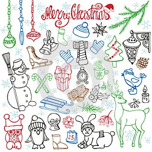 Christmas season doodle icons,animals.Linear