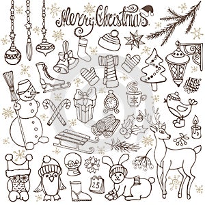Christmas season doodle icons,animals.Retro