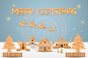 Christmas season and Happy new year season made from wood with decorations art and craft style, illustration