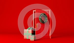 Christmas seasonal background. Presents and gifts at a red front door with a festive wreath. 3D Rendering