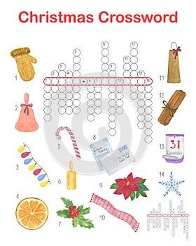 Christmas seasonal crossword word search puzzle, winter holidays watercolor activities printable worksheet for kids