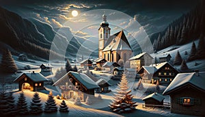 Christmas Seasonal Illustration - Rural Scene in Austria on a Cold Winter Night