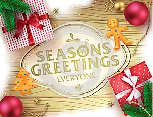 Christmas Seasons Greetings Decorative Greeting Poster in Brown Wooden Background