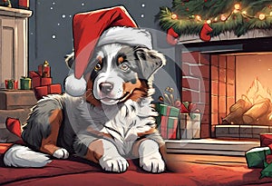 Christmas Secene. A Australian Shepherd puppy dog wearing a Santa Claus hat