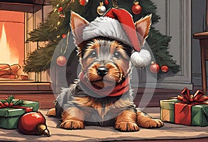 Christmas Secene. A Australian Terrier puppy dog wearing a Santa Claus hat