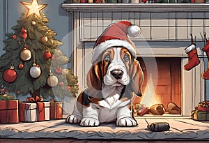 Christmas Secene. A Basset puppy dog wearing a Santa Claus hat