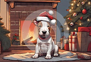 Christmas Secene. A Bull Terrier puppy dog wearing a Santa Claus hat