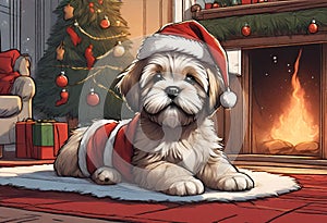 Christmas Secene. A Lhasa Apso puppy dog wearing a Santa Claus hat