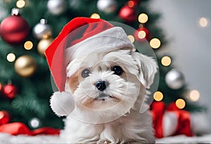 Christmas Secene. A maltese puppy dog wearing a Santa Claus hat