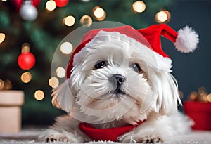 Christmas Secene. A maltese puppy dog wearing a Santa Claus hat