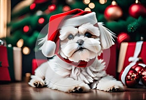 Christmas Secene. A maltese puppy dog wearing a Santa Claus hat