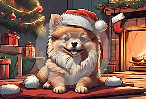 Christmas Secene. A pomeraniam puppy dog wearing a Santa Claus hat