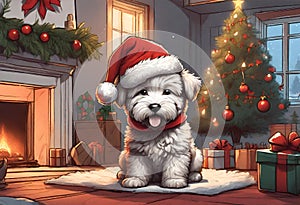 Christmas Secene. A puppy dog wearing a Santa Claus hat