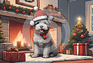 Christmas Secene. A puppy dog wearing a Santa Claus hat