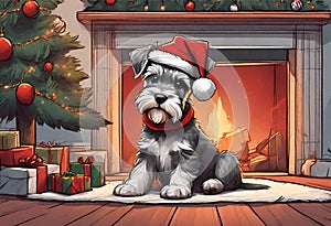 Christmas Secene. A Schnauzer puppy dog wearing a Santa Claus hat