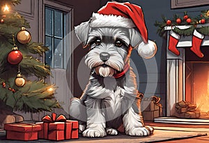 Christmas Secene. A Schnauzer puppy dog wearing a Santa Claus hat