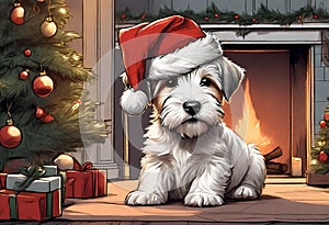 Christmas Secene. A Sealyham Terrier puppy dog wearing a Santa Claus hat