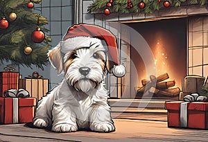 Christmas Secene. A Sealyham Terrier puppy dog wearing a Santa Claus hat